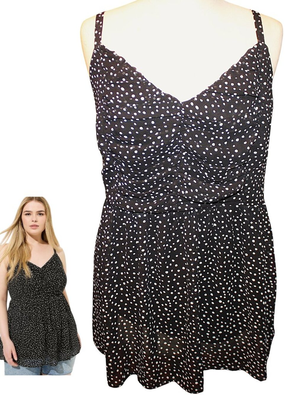 Torrid Black & White Polka Dot Babydoll Cami Tank Top - Plus Size 2 (2X)